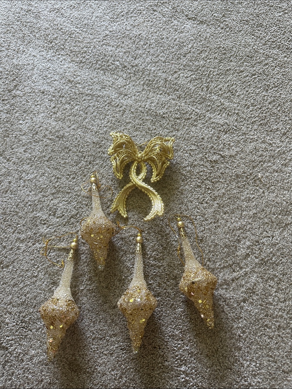 Vintage finial  teardrop ornament . Glitter and beaded. With bow